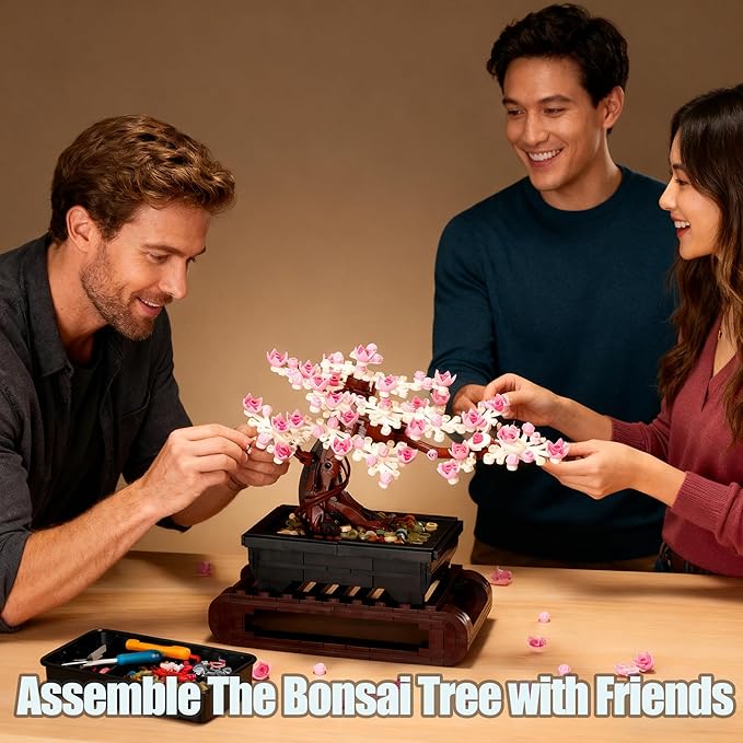 3IN1 Cherry Blossom Bonsai Tree Building Blocks Set Botanicals 3 Season Leaf Bonsai Tree Building Bricks Compatible with Lego Pink Flowers Plant Home Office Decor Ideal Gift for Adult Teen(1229PCS)