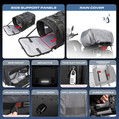 Rhinowalk Motorcycle Tail Bag, Expandable Motorcycle Travel Luggage Bags 60L, Waterproof All-Weather Trunk Rack Bag with Sissy Bar Straps & Helmet Rain Cover-Black