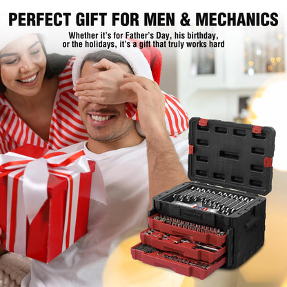 WORKPRO 450-Piece Drive Socket Set 1/2" 1/4" 3/8", CR-V Metric and Imperial with Quick-Release Ratchet Wrench, Spanners, Bits Set, Mechanics Tool for Car Repair
