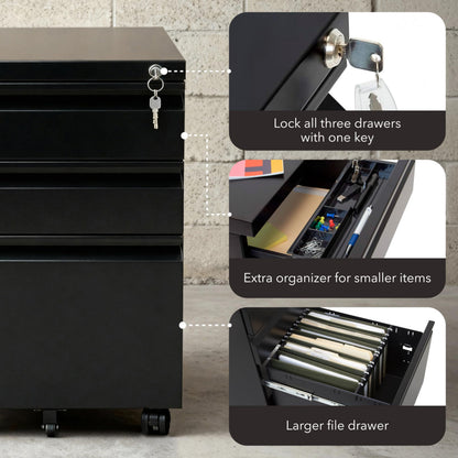 Mount-It! 3 Drawer File Cabinet with Lock and Wheels, Heavy-Duty Steel Rolling Drawer Cabinet, Fully Assembled Under Desk Filing Cabinet for Home Office Storage, 15.3" W x 19.75" D x 24.5" H, Black