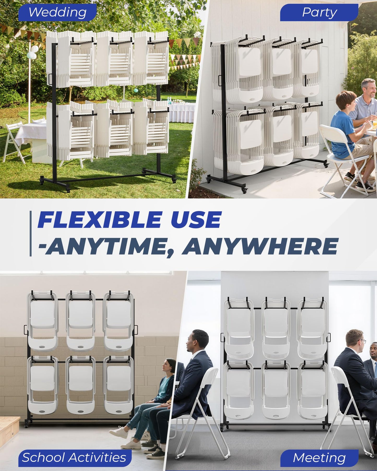 Folding Chair Rack, Holds 84 Chairs or 12 Tables, Easy to Assemble Folding Chair Cart on Wheels,Includes Dust Cover, Elastic Cords