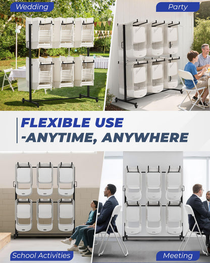 Folding Chair Rack, Holds 84 Chairs or 12 Tables, Easy to Assemble Folding Chair Cart on Wheels,Includes Dust Cover, Elastic Cords