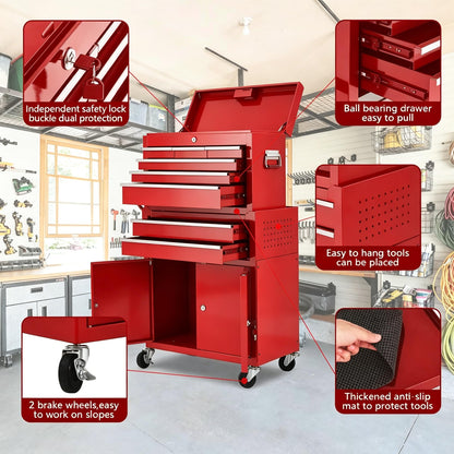 Garvee 8-Drawer Rolling Tool Chest, 2-in-1 High Capacity Tool Storage with Detachable Top Cabinet, Locking System, Wheels and Liners for Garage, Workshop, Red