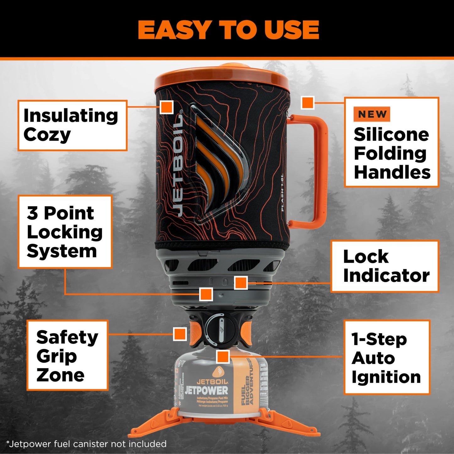 Jetboil Flash Java 1.8L Portable Fast Boil Stove and Coffee Press for Camping and Backpacking, 1-Step Auto Ignition, New for 2026, Propane/Isobutane Burner, Orange Topo
