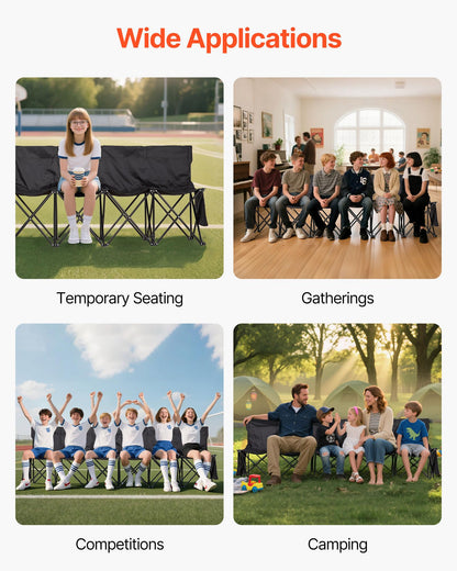 VEVOR Portable Folding Bench, 6 Seat Soccer Bench with Multiple Storage Pockets & Carrying Bag, Lightweight Sideline Seating with Back Rest for Football, Baseball, Camping, Outdoor Events, Black