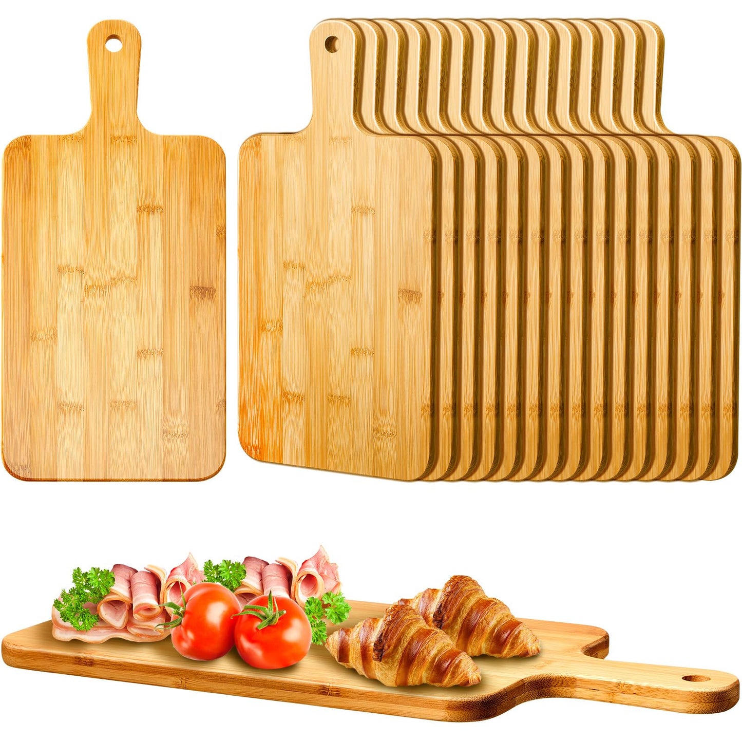 Nuenen 50 Pcs Wood Cutting Board with Handle 15.7 x 7.8 Inch Acacia Bamboo Wooden Serving Kitchen Chopping Boards for Pizza, Bread, Cheese, Charcuterie, Fruit, Vegetables (Bamboo)
