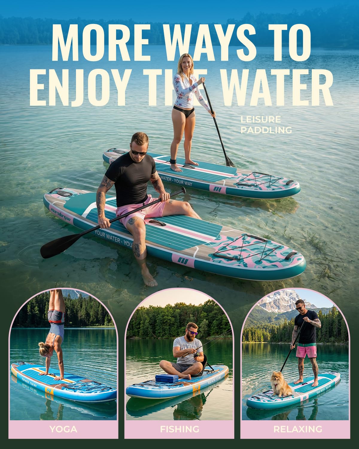 Marsdorgan 11ft Inflatable Stand Up Paddle Board with Kayak Seat, Wood Grain Lightweight SUP, 430lbs Capacity for Water Sports Fishing Surfing, 2-3 Person Family, w/Backpack & 10L Dry Bag, Grey