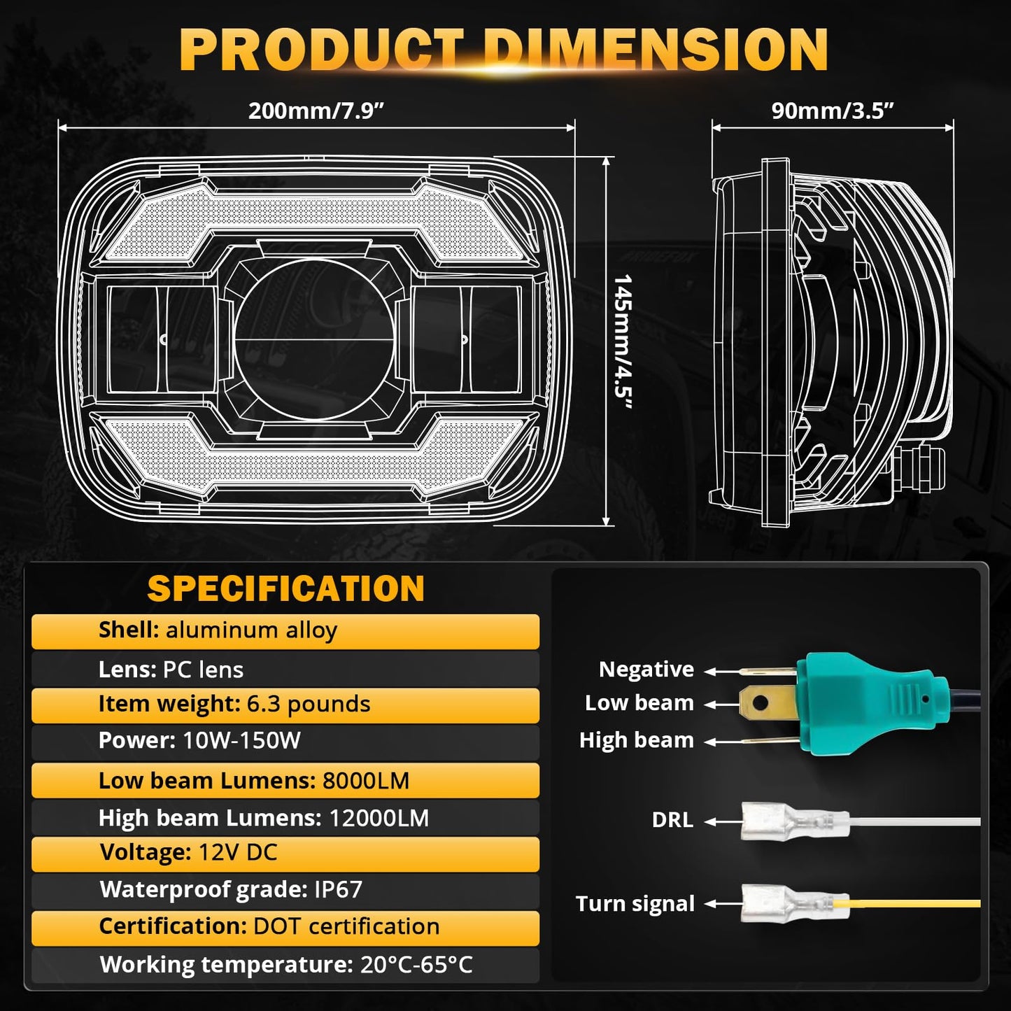 Auxbeam 12000LM Bright 5x7 In Headlights, 7x6 Led Headlights with DRL Turn Signal High Low Beam, Compatible with Jeep Cherokee XJ Wrangler YJ Ford Chevrolet, H6054 H5054 Headlights DOT Approved, Black