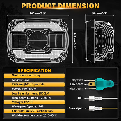 Auxbeam 12000LM Bright 5x7 In Headlights, 7x6 Led Headlights with DRL Turn Signal High Low Beam, Compatible with Jeep Cherokee XJ Wrangler YJ Ford Chevrolet, H6054 H5054 Headlights DOT Approved, Black
