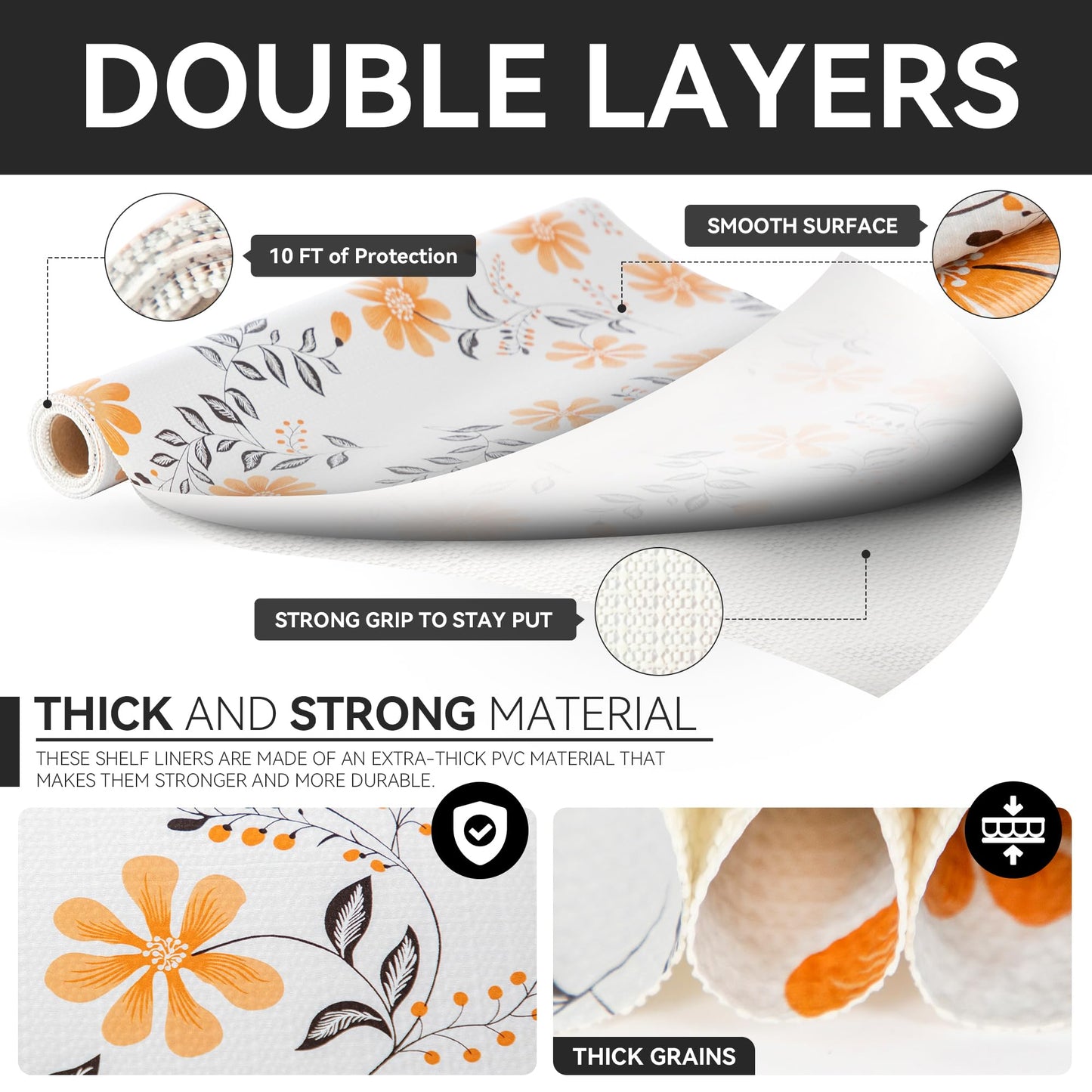 RAY STAR Shelf Liner, 12 Inch x 10 Feet Non Adhesive Daisy Floral Printed Cabinet Liner for Pantry Drawer Vanity, Strong Grip Non Slip Waterproof, Shelf Liners for Kitchen Cabinets Organization