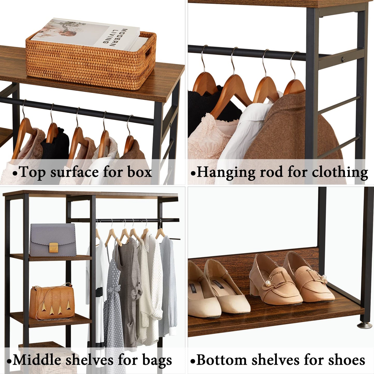 VECELO Open Garment Clothing Rack, Free-Standing Heavy Duty Storage Closet with 5 Shelves and Hanging Rod for Small Spaces, Max Load 350LBS, Brown