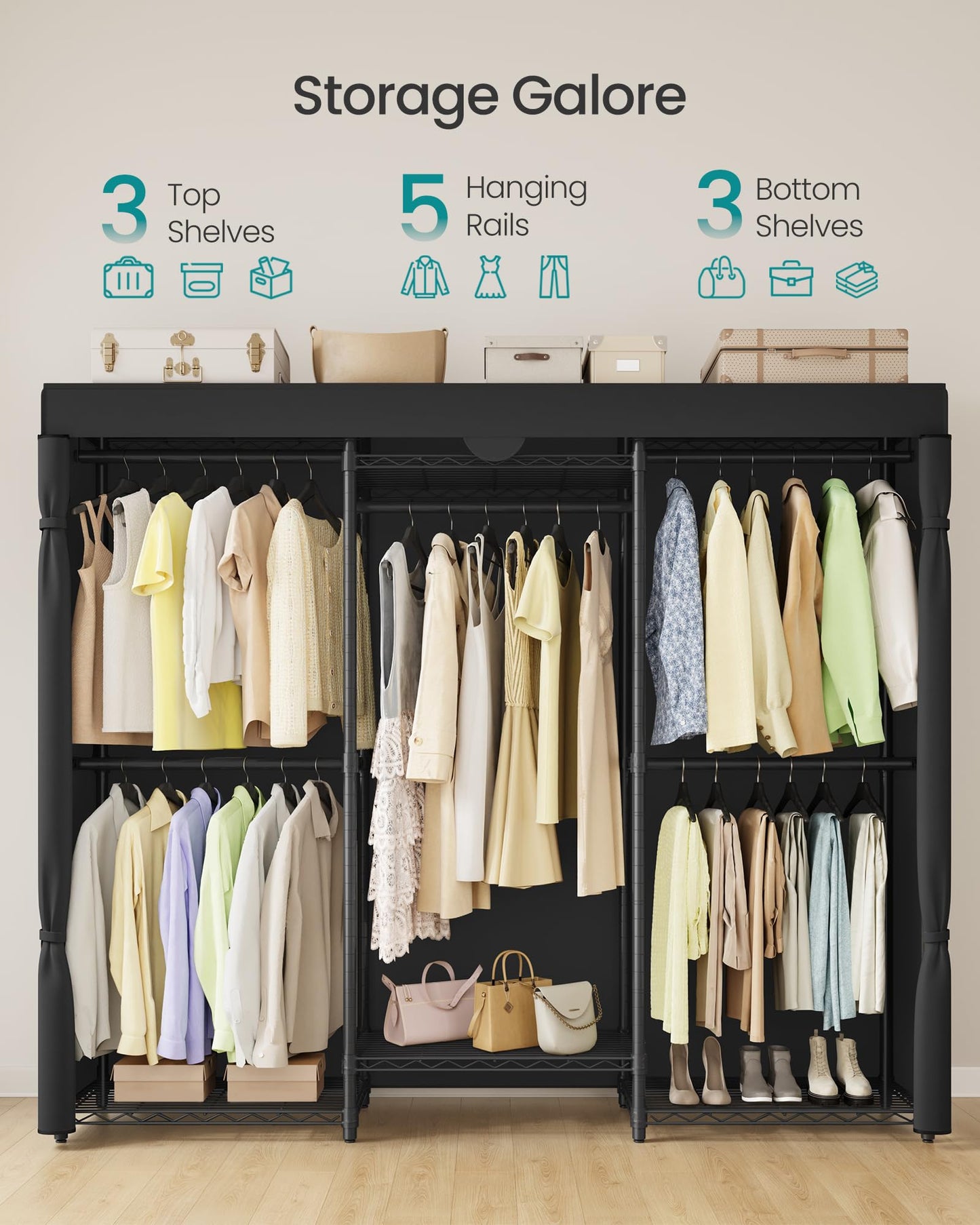 SONGMICS Heavy-Duty Clothes Rack, Garment Rack, Portable Closet, 68.7-Inch Wide Clothing Rack with Adjustable Mesh Shelves and Hanging Rails, Ink Black ULGR435B01