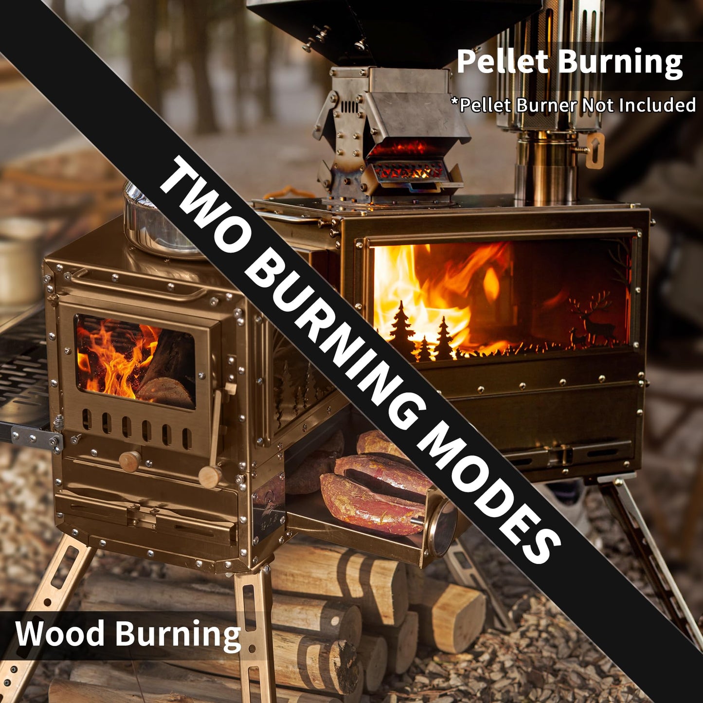 CAMPJOURNEY M6 Gold Wood Stove with Oven & IGT Table, Gold Finish, 2100 cu in Firebox, Portable Hot Tent Stove for Camping, 98" Chimney, Luxury Outdoor Heating for Winter Tent, Ice Fishing, Hunting