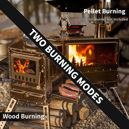 CAMPJOURNEY M6 Gold Wood Stove with Oven & IGT Table, Gold Finish, 2100 cu in Firebox, Portable Hot Tent Stove for Camping, 98" Chimney, Luxury Outdoor Heating for Winter Tent, Ice Fishing, Hunting