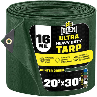 Ultra Heavy Duty Tarp Waterproof Large Cover | Hunter Green, 20' x 30' 16 Mil Thick | Rip Proof Tarps | Thick Weave Material, UV Resistant Great for Tarpaulin Canopy Tent, Boat, RV or Pool Cover