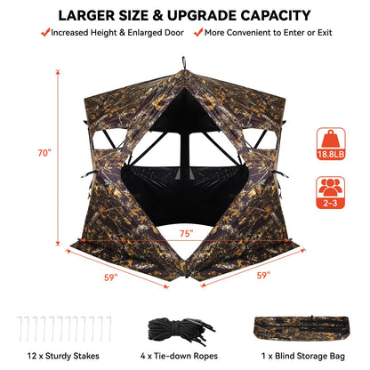 GearOZ Hunting Blind, 270° See Through Ground Blinds Camouflage Waterproof Pop-up Tent for Deer Turkey Duck Bow Hunting, 2-3 Person Portable Concealed Tent Silent Adjustable Windows with Carrying Bag