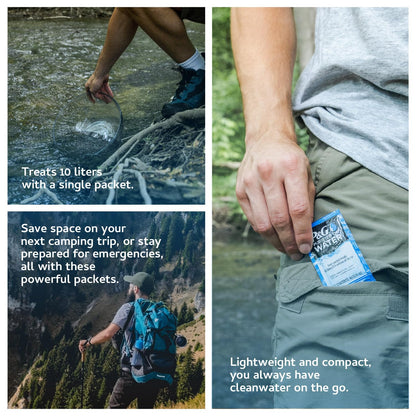 P&G Purifier of Water Portable Water Purifier Packets (240 Packets) - Emergency Water Filter Purification Powder for Emergency Kit, Survival, Camping, Hiking, Backpacking, and Disaster Preparedness