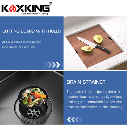 KOXKING Outdoor Kitchen Sink 15x18 Inch with Foldable Faucet, Nano Black 16 Gauge Stainless Steel RV Camper Bar Prep Workstation Sink with Cutting Board Cover, Bottom Grid & Drain Kit