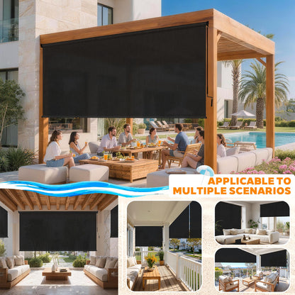 Solace Shade Outdoor Roller Shades for Patio 8'Wx8'H Black, 90% UV Block & Privacy Protection Outdoor Blinds, Cordless Porch Shades Outdoor Roll Up with Splicing Design 15-Min Install