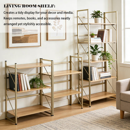 Kogven Folding Bookshelf, 2-in-1 Convertible Design, Multifunctional Plant Stand Storage Rack Shelves for Home Office, Easy Assembly, 5-Tier,Gold & Nature Wood