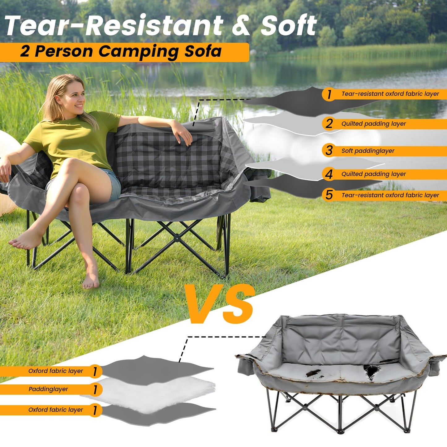 Heated Double Camping Chair with 2 Battery, Padded Camping Couch with 3 Heat Levels and 4 Heating Zones, Oversized Camp Loveseat Support 800lbs for Soccer Games, Tailgating, RV Travel, Beach Days