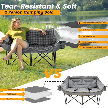 Heated Double Camping Chair with 2 Battery, Padded Camping Couch with 3 Heat Levels and 4 Heating Zones, Oversized Camp Loveseat Support 800lbs for Soccer Games, Tailgating, RV Travel, Beach Days