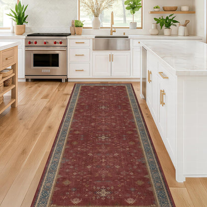 Regine Switzerland Dark Red Hallway Runner Rug - 10ft Washable Non-Slip Indoor Mat | Soft Boho Floral Design