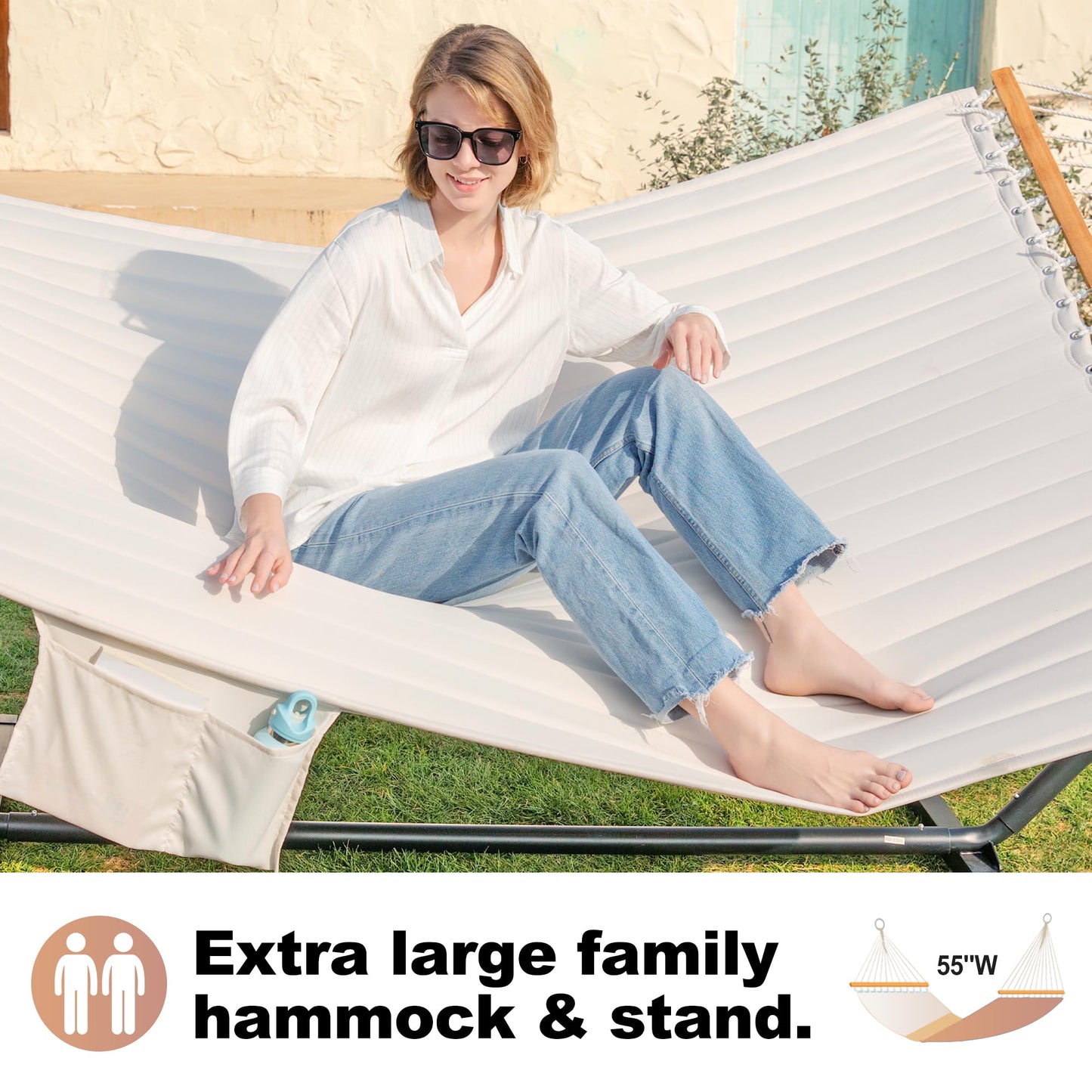 GAFETE 2 Person Hammock with Stand for Outside, Heavy Duty Steel Stand, Double 55inch Hammocks, Large Removable Pillow, Storage Bags, Max 475 lbs Capacity (Beige)