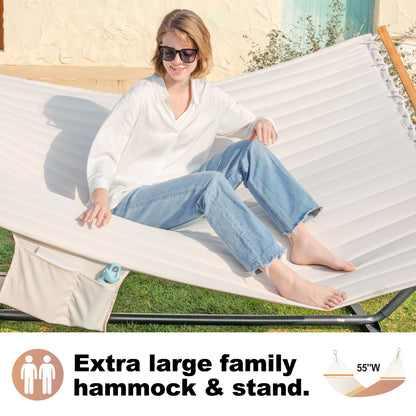GAFETE 2 Person Hammock with Stand for Outside, Heavy Duty Steel Stand, Double 55inch Hammocks, Large Removable Pillow, Storage Bags, Max 475 lbs Capacity (Beige)