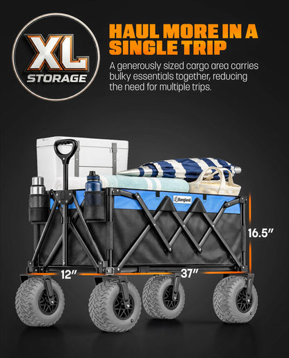 Beach Wagon with Heavy-Duty 10" Air Tires - All Terrain Folding Card with Big Wheels for Sand and Gravel - 300 LB. Capacity (Black/Light Blue)