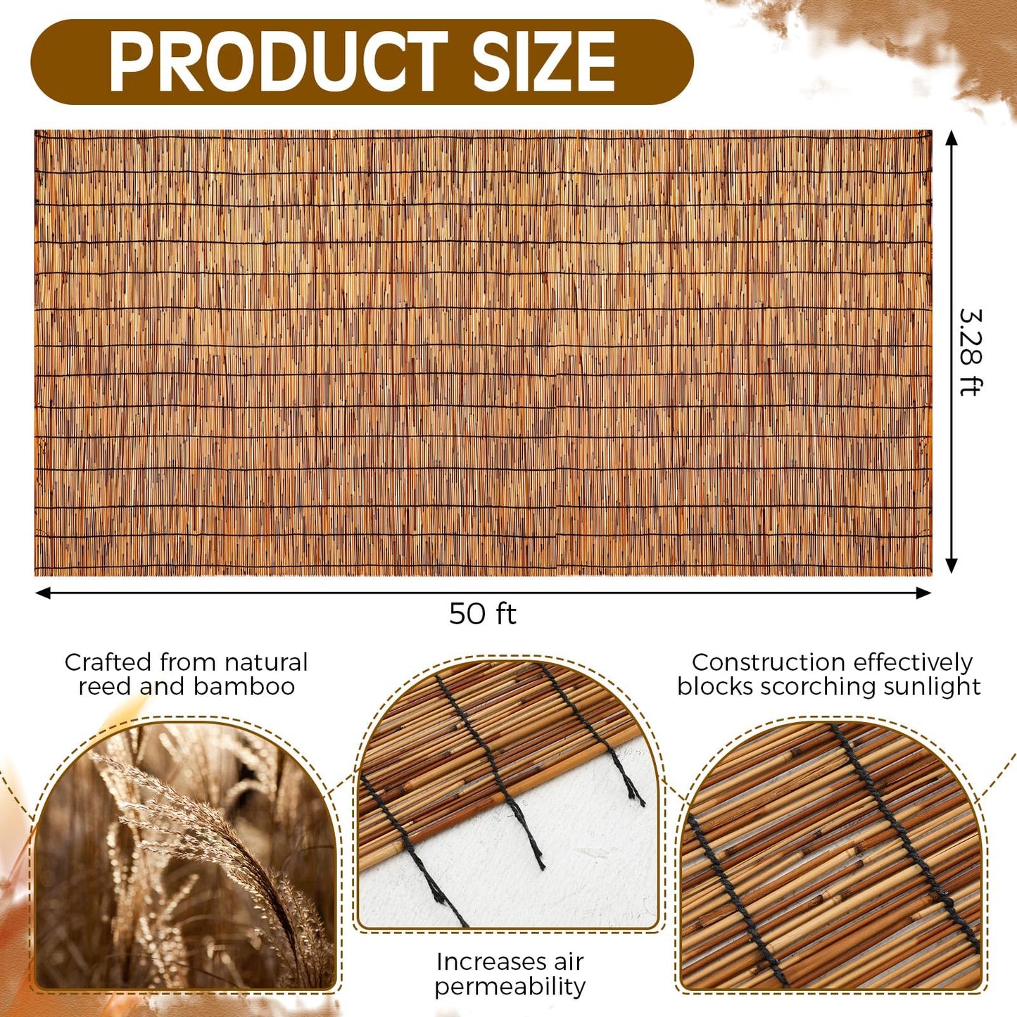 Drydiet 3.28ft x 50ft Natural Reed Fencing Bamboo Privacy Screen Balcony Reed Fence for Garden Curtain Bamboo Screen Fencing for Outdoor Backyard Patio