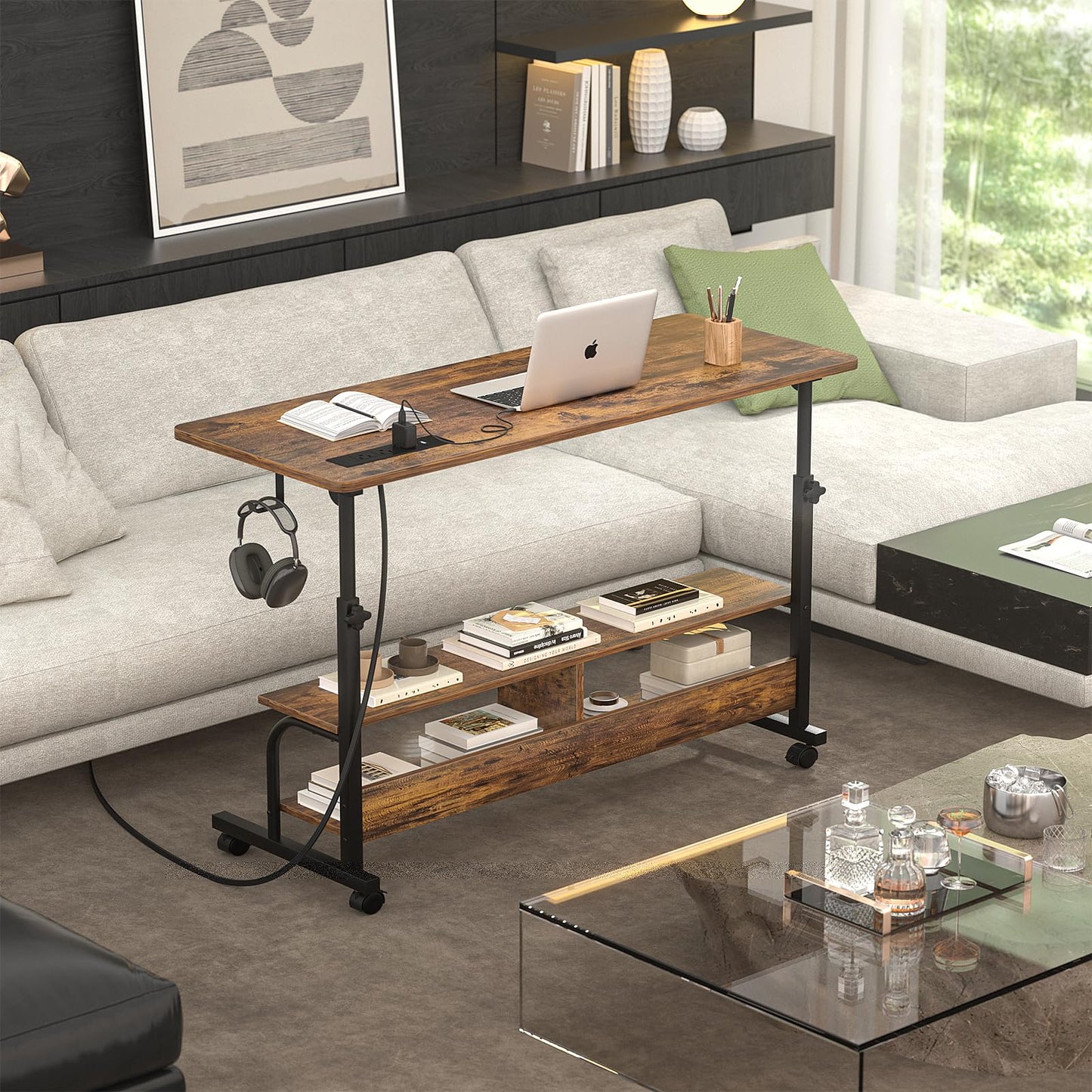 Armocity Rolling Standing Desk with Charging Station, Portable Height Adjustable Mobile Computer Desk with Wheels & 2-Tier Shelves & Hooks, Easy Assembly Laptop Table for Couch Bed, 47" Rustic Brown