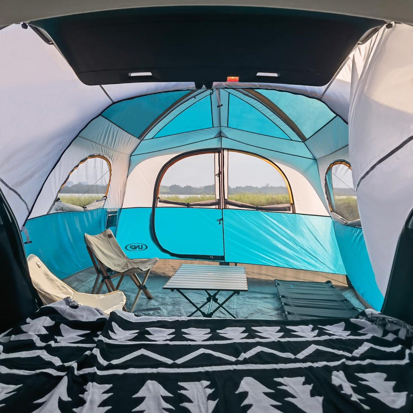 UNP SUV Tent for Camping, 6-Person Car Camping, SUV Tailgate Tent for Outdoor, Easy Set Up with Rainfly 10'x9'x78in(H) (Ocean Blue)