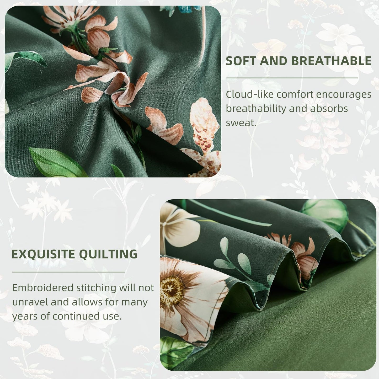 DJY Queen Comforter Set, Green Botanical Floral Bedding Comforter Sets Queen Size for All Seasons, 7 Pieces Bed in a Bag Lightweight Microfiber Comforter Set with Sheets Pillowcases & Shams