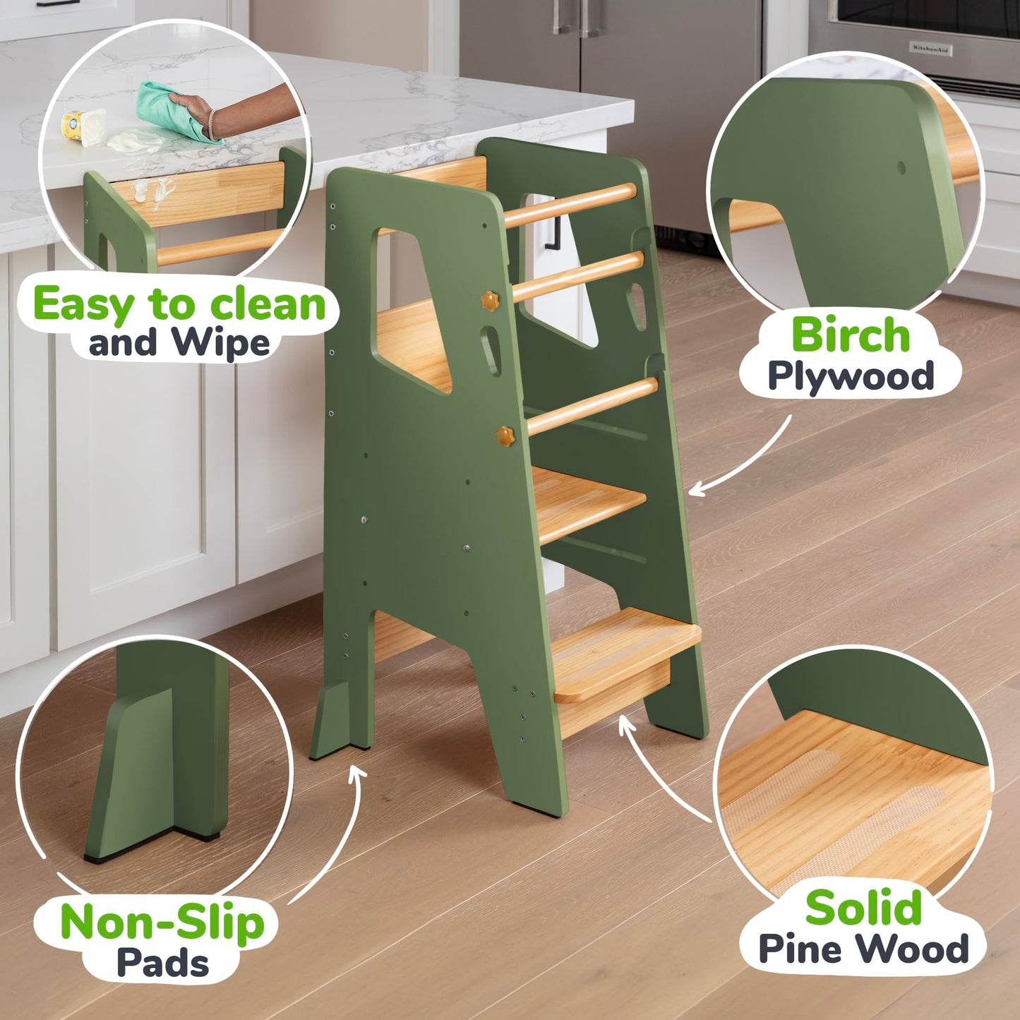 OCODILE Toddler Standing Tower - Adjustable Height Toddler Kitchen Stool Helper - Ideal Kids Kitchen Step Stool for Learning New Skills - Extra Secure with Safety Feet - Green