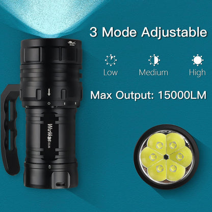Wurkkos DL06 Dive Light, 15000 Lumens Scuba Diving Light, Type-C Rechargeable, 6*XHP50 LEDs, 100 Degrees Narrow Beam Angle, IPX8 Waterproof Flashlight for Night Diving Cave Exploration - 6000K