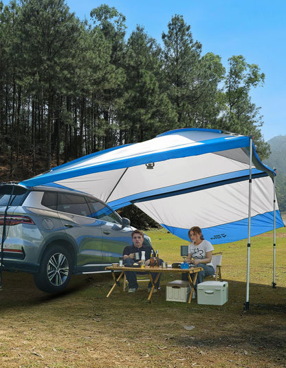 JOYTUTUS Versatile Vehicle Awning with 3 Removable Sides, Large Car Awning 11.5FT * 7.9FT, UV50+ and Waterproof PU2000mm Truck Canopy, SUV Camping Sunshade with 8 Storage Pockets, Gray Blue