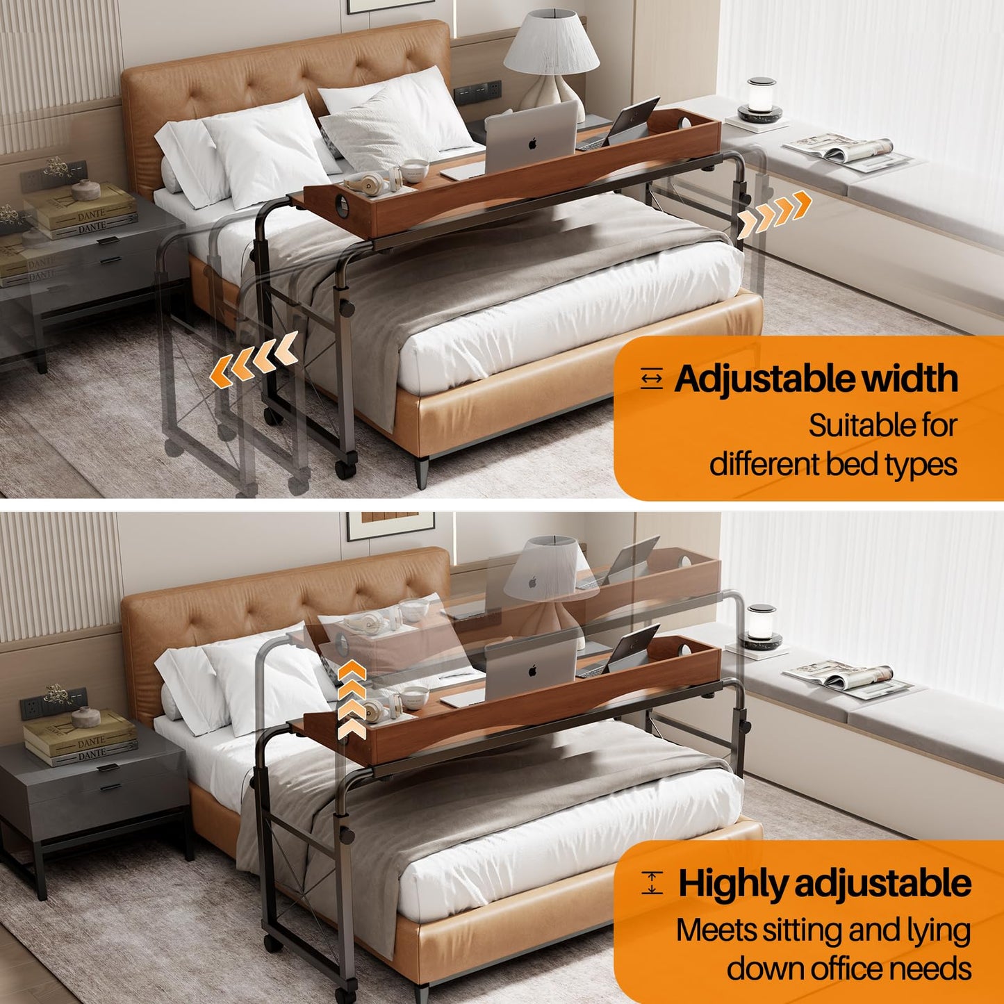 BYMECOST Laptop Desk for Bed, Adjustable Height & Length Laptop Bed Table,Overbed Table with Wheels for Queen Size Beds,Rolling Standing Desk,Over Bed Table for Working Reading Eating