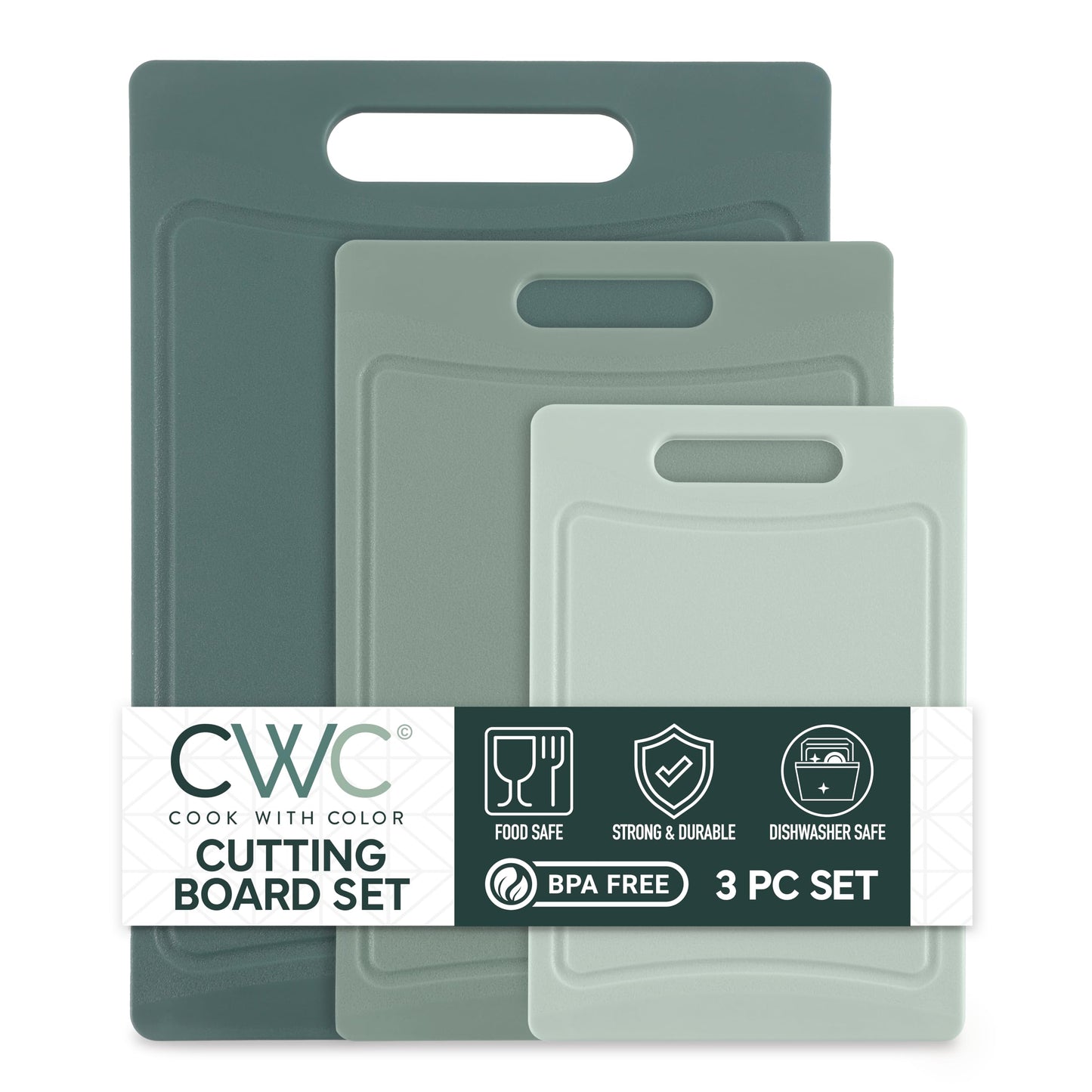 COOK WITH COLOR Non-Slip Cutting Board Set – Kitchen Essentials with Easy Grip Handle for Meat, Veggies, and Fruits, 3 Cutting Boards, Mint