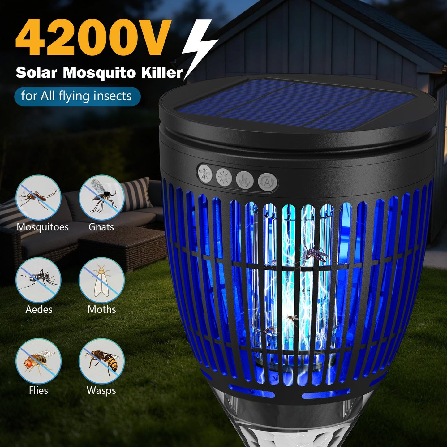 All in 1 Solar Bug Zapper Outdoor, Flame & Projection Mode, Auto/Manual Modes, 4200V Electric Mosquito Killer with High Powered, IPX5 Waterproof Rechargeable Fly Insect Trap for Patio Garden Yard RV