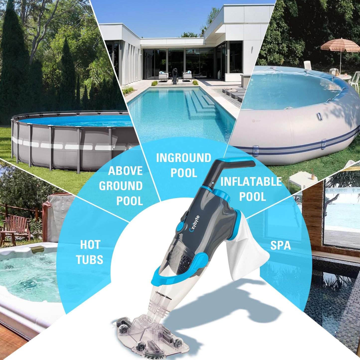 CZYBYTE Handheld Pool Vacuum Cleaner, Rechargeable Pool Bottom Cleaner with Strong Suction, 1 H Runtime, 89 inchs Extension Pole,for Above Ground/Inground Pools, Spas and Hot Tubs, Grey