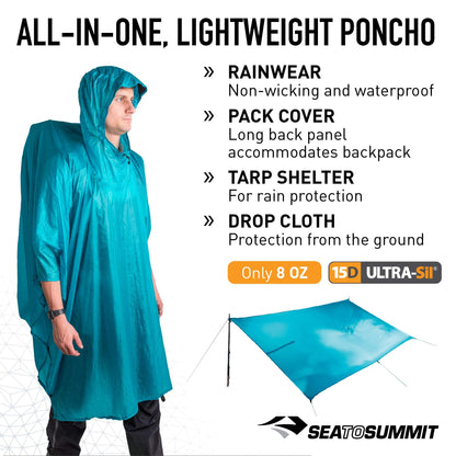 Sea to Summit Ultra-SIL Nano Tarp Poncho 4-in-1 Raincoat, Pack Cover, Groundsheet, and Shelter, Lime