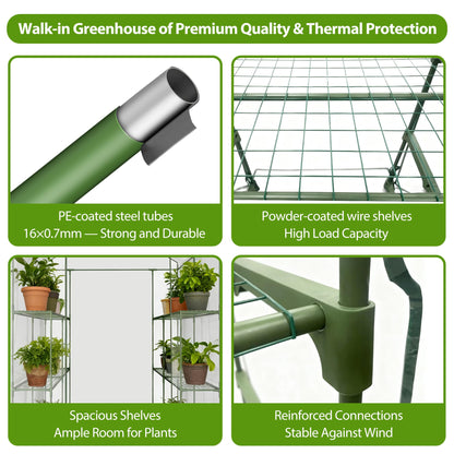 Carotex Walk-in Greenhouse, 48 x 73 x 75 Inch Outdoor Plant Green House with 3 Tiers 12 Shelves, Heavy Duty Steel Frame & Thicken PE Cover, Portable Greenhouses for Balcony, Patio, Deck, Gardening
