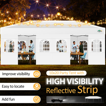 COBIZI 10x20 Pop Up Canopy Tent with 6 Sidewalls One Push Setup Outdoor Commercial Gazebo Waterproof UPF 50+ Party Tent with Carry Bag,Air Vent,Sandbag Tents for Parties,Wedding,Backyard,White