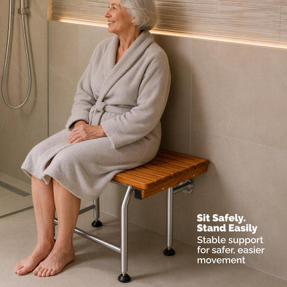 Teak Shower Seat Bench with Drop Down Legs – ADA Compliant Folding Teak Shower Bench, Wall Mounted Fold Up Bath Seat, 400 lb Capacity, Waterproof Teak Wood (18 Inches)