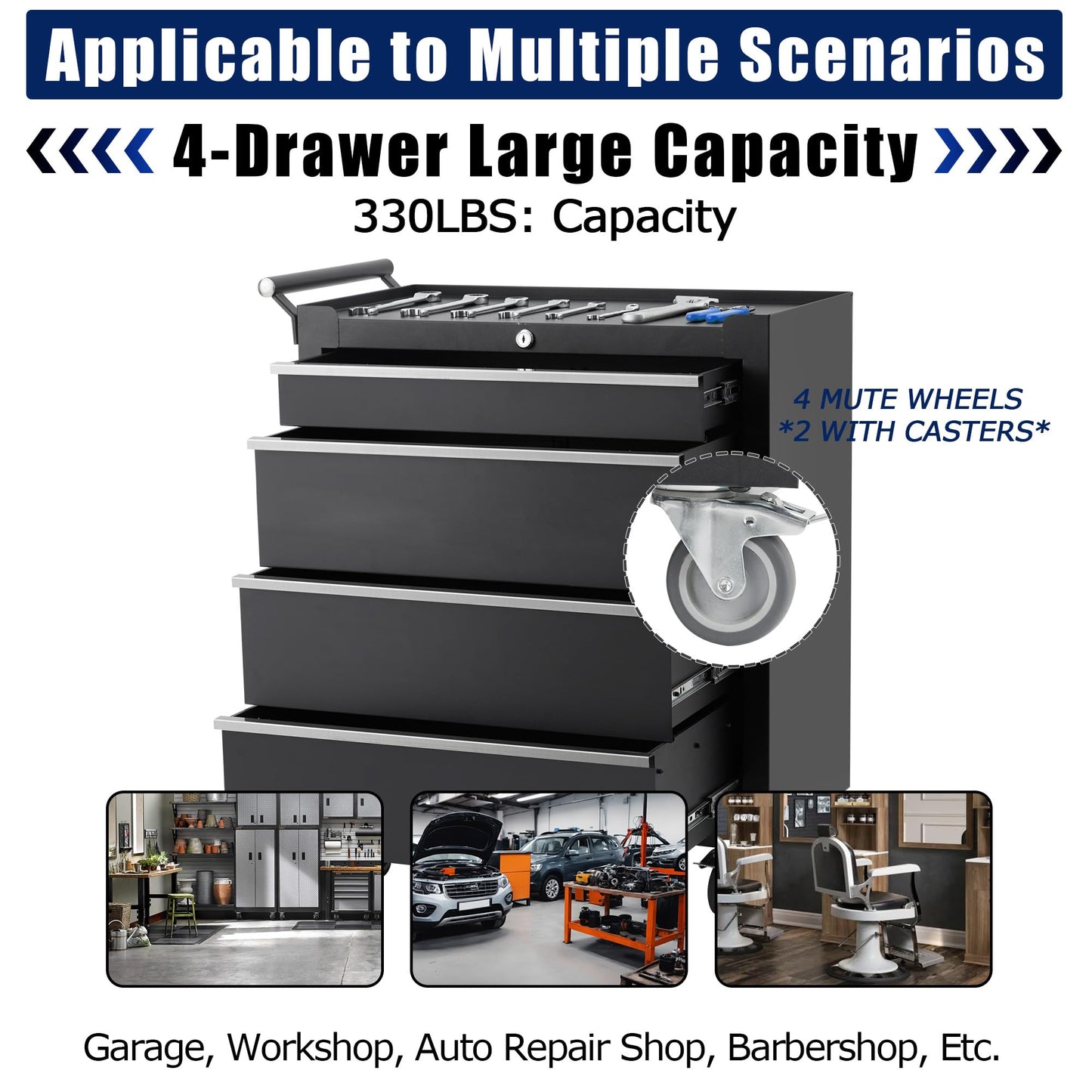 Rolling Tool Chest with Wheels, 4 Drawer Tool Storage Cabinet, Portable Toolbox Organizer with Lock, Heavy Duty Tool Chest Cart for Garage, Mechanic, Workshop, Shop, Mobile Tool Organizer, Black