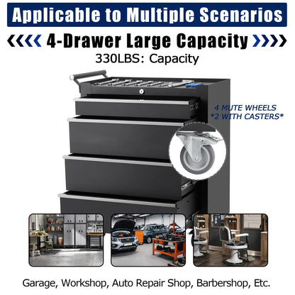 Rolling Tool Chest with Wheels, 4 Drawer Tool Storage Cabinet, Portable Toolbox Organizer with Lock, Heavy Duty Tool Chest Cart for Garage, Mechanic, Workshop, Shop, Mobile Tool Organizer, Black
