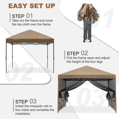 MASTERCANOPY Pop-Up Quick Setup Outdoor Canopy with Netting Screen Walls (10x10, Khaki)