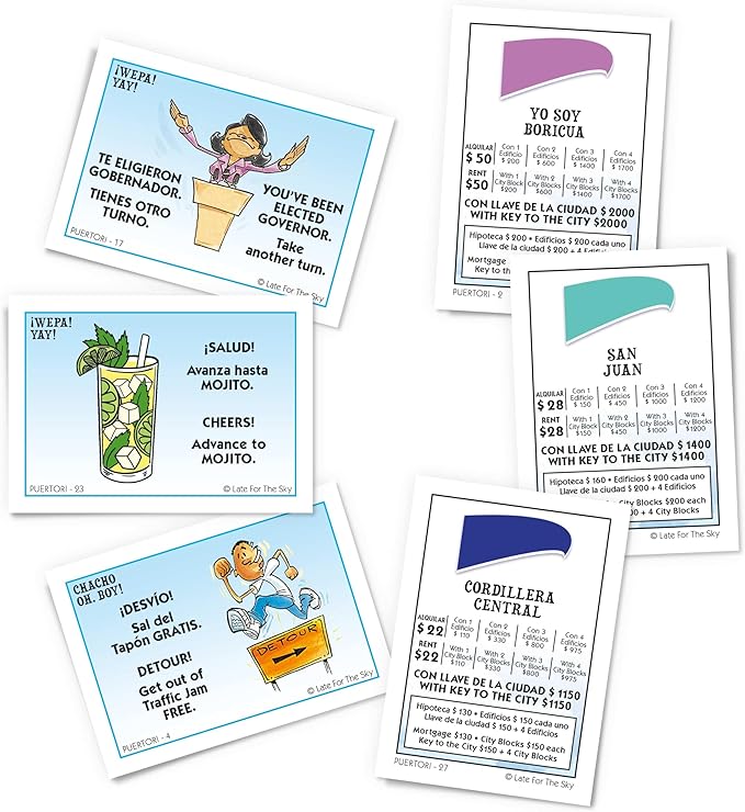 Late for The Sky Puerto RICO-OPOLY Bilingual Board Game Puerto Rican Culture for Ages 8+ 2–6 Players Collectible Tokens Property Trading Fun