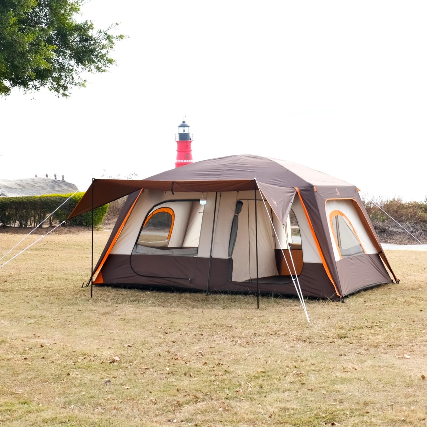 KTT Large Tent 8-10 Person,Family Cabin Tents,2 Rooms,2 Doors and 4 Windows with Mesh,Straight Wall,Waterproof,Double Layer,Big Tents for Outdoor,Picnic,Camping,Family Gathering(Brown)